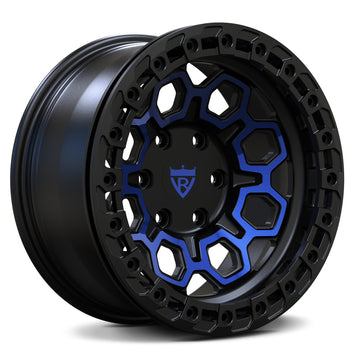 Custom forged truck wheel with black finish and blue accents, suitable for various truck models including Ford F150.